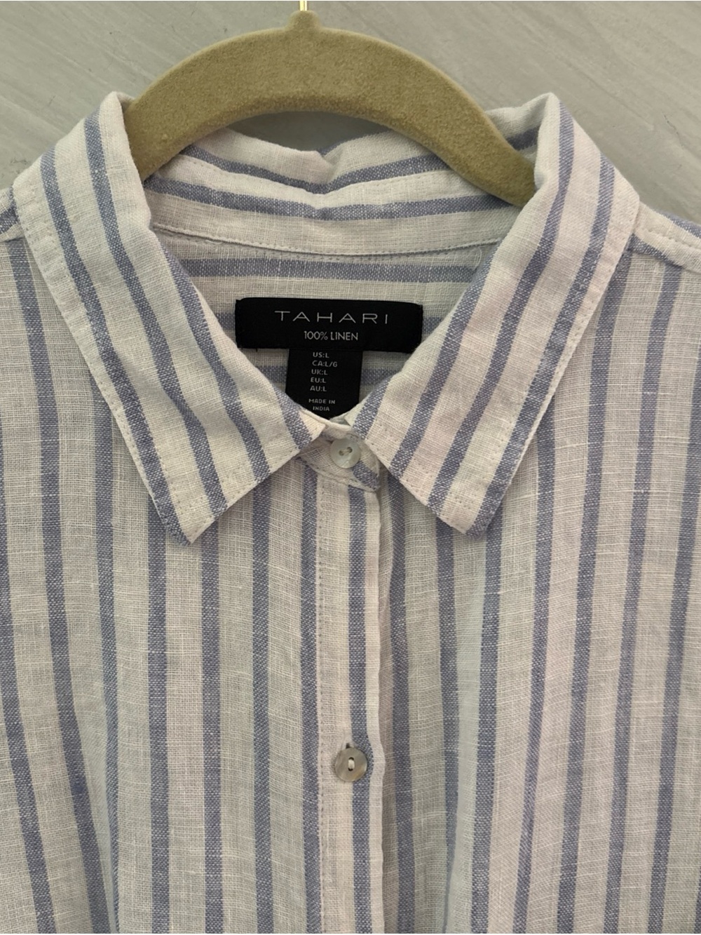 Tahari L Light Blue/White Striped 100% Linen L/S Button Up Shirt Coastal Beachy - Picture 2 of 12